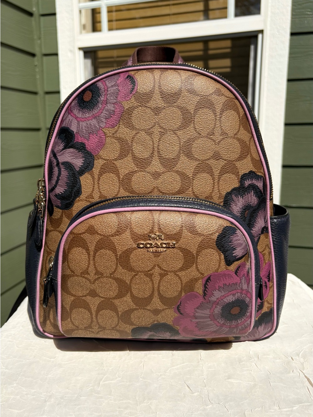 Coach Khaki Signature Backpack with Pink Floral Accents